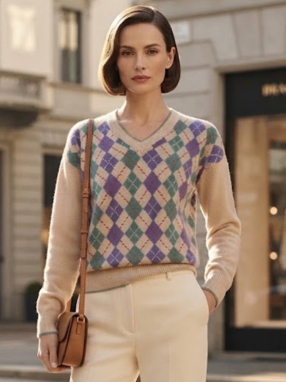 Vintage Whitfield & Bridges 100% Cotton Hand loomed Argyle Sweater Preppy